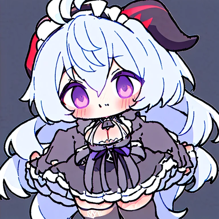 ((8K,masterpiece, best quality)),
1girl, solo, ganyu (genshin impact), breasts, horns, maid, long hair, thighhighs, blue hair, ahoge, looking at viewer, white thighhighs, holding, blush, maid headdress, apron, alternate costume, frills, cleavage, enmaided, bangs, dress, short sleeves, zettai ryouiki, black dress, purple eyes, medium breasts, goat horns, frilled dress, very long hair, standing, puffy sleeves, closed mouth, maid apron, sidelocks, white apron, cowboy shot, puffy short sleeves, simple background, red eyes, frilled apron, hair between eyes,