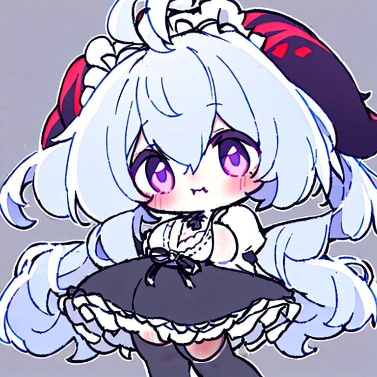 ((8K,masterpiece, best quality)),
1girl, solo, ganyu (genshin impact), breasts, horns, maid, long hair, thighhighs, blue hair, ahoge, looking at viewer, white thighhighs, holding, blush, maid headdress, apron, alternate costume, frills, cleavage, enmaided, bangs, dress, short sleeves, zettai ryouiki, black dress, purple eyes, medium breasts,  goat horns, frilled dress, very long hair, standing, puffy sleeves, closed mouth, maid apron, sidelocks, white apron, cowboy shot, puffy short sleeves, simple background, red eyes, frilled apron, hair between eyes,