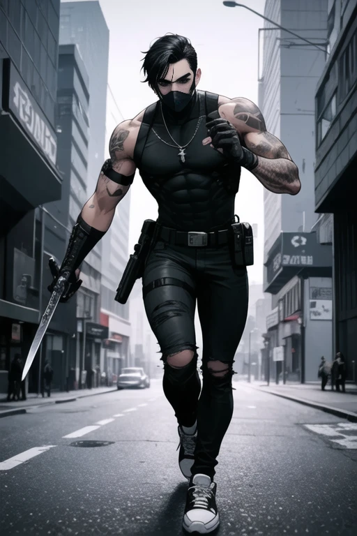 Black Snake, ((best quality)),((Masterpiece)),(detailed), perfect face, ((male,)) ((men,))
((black hair,)) ((black eyes,)) ((tattooed arm,)) ((ripped jeans,)) ((all stars shoes,)) ((cyberpunk,)) 
((black warrior suit,)) (( katana sword)) ((face mask,)) ((black pants,)) ((necklace,)) 
((grey Military  belts,)) ((firegun,)) (( sneakers,))  future armor, asiatic, ((grey belts,))  
((Tactical Chest Rigs,))
((solo,))
Fighting, running, holding pistol,
