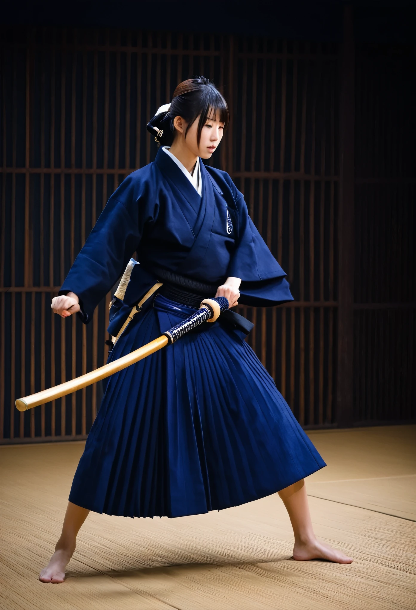 Hakama、A girl wearing a kendo uniform practicing kendo