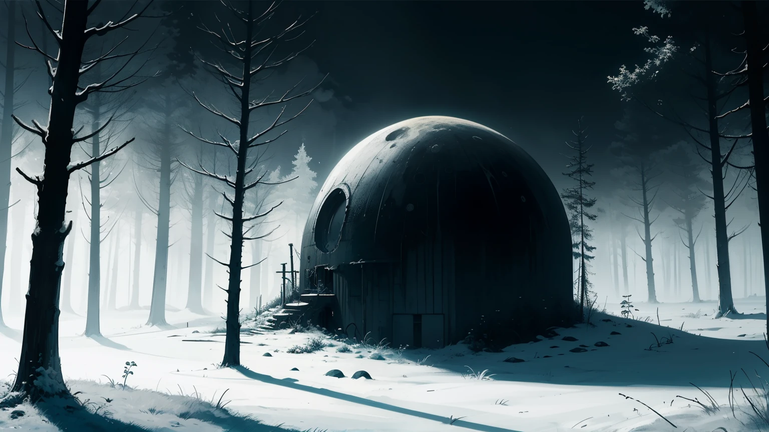 ((best quality)), ((masterpiece)), (detailed), weird planet, monochromatic, old square bunker, dark, dark forest, creepy