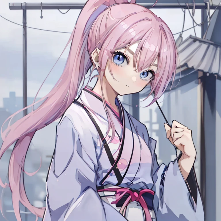 Pink Hair,Long Hair,ponytail,ハイponytail,Blue Eyes,Sharp Eyes,Fishing eyebrows,Strong-willed,White short-sleeved kimono,Mature,gorgeouasterpiece,Pointed handbag,Kunoichi,Manipulating the Threads