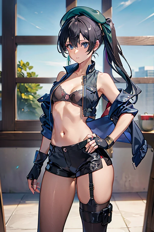 thynasha, 18yo girl Dark blue hair,long hair,ponytail,hair between eyes,bangs,outdoors,cityscape,standing,armor best,assault rifle,camouflage,holding weapon,load bearing vest,saide backpack,full body,best quality,masterpiece,highres,official art,extremely detailed cg unity 8k wallpaper(black beret, black jacket, open clothes, cleavage, midriff, black medium skirts, black thighhighs, thigh strap, fingerless gloves, single glove:1.2), Photo,sharpness, F1.6 lens,hyper-realistic textures,spectacular light textures, Cinestil 800 Fashion Mechanics,(((Beautiful woman with left leg restrained , hand hung by chains))),Appearance,Beautiful girl with accentuated slender abs: 1.1,six-pack abs: 1.1, Bust Botox,Standing on tiptoe, long legs,Long brown hair fluttering in the wind,Brown hair, Long hair, Female Warrior Costume,(No panties,No bra),(tacticul battle fashion,elbow and knee tacticul battle fashion, battle glove: 1.1),((cute batre costume)),The belly comes out and the navel is visible,Thin sheer costume, combat gloves,shredded costumes,cyber long combat boots with golden knee pads,Anatomical,(futuristic sci-fi battle fashion, new elbow and knee cyberpads, new cyberlong boots, new cybergloves: 1.1),(tied perfectly by iron chain), Restraint, Slave, collars, contempt, (Chained), 4 chains hung from heaven, Metallic shackles and fetters, wet crotch clearly visible,((Hands are restrained above the head)), the neck is chained,Chain from left knee to heaven,Chained by rusty iron chains,((the tip is protruding, areolas protruding,The shape of the pubic harearea is clearly visible:1.2)),Sweating,Wet,Wet crotch,Wet thighs,Junkyard, Realistic, (cute, perfect clothes, skimpy clothes, cute: 1.3) ,Vast miritary base in us,((wide mirtary hospital with summer sunlight)), peeling ceilings, Rebar between, Realistic material details, Extreme details, Ultra-realistic materials,narrow waist,(Sexy belly,Constricted hips, beautiful medium ass:1.5),(with sparkling eyes and a contagious smile:0.9)