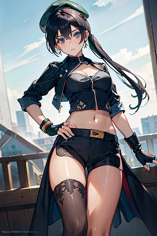 ubel,dark green hair,long hair,side ponytail,hair between eyes,bangs, BREAK (beret, black jacket, open clothes, cleavage, midriff, black shorts, black thighhighs, thigh strap, fingerless gloves, single glove:1.2), Photo,sharpness, F1.6 lens,hyper-realistic textures,spectacular light textures, Cinestil 800 Fashion Mechanics,(((Beautiful woman with left leg restrained and hung by chains))),Appearance,Beautiful girl with accentuated slender abs: 1.1,six-pack abs: 1.1, Bust Botox,Standing on tiptoe, long legs,Long brown hair fluttering in the wind,Brown hair, Long hair, Female Warrior Costume,(No panties,No bra),(tacticul battle fashion,elbow and knee tacticul battle fashion, battle glove: 1.1),((cute batre costume)),The belly comes out and the navel is visible,Thin sheer costume, combat gloves,shredded costumes,cyber long combat boots with golden knee pads,Anatomical,(futuristic sci-fi battle fashion, new elbow and knee cyberpads, new cyberlong boots, new cybergloves: 1.1),(tied perfectly by iron chain), Restraint, Slave, collars, contempt, (Chained), 4 chains hung from heaven, Metallic shackles and fetters, wet crotch clearly visible,((Hands are restrained above the head)), the neck is chained,Chain from left knee to heaven,Chained by rusty iron chains,((the tip is protruding, areolas protruding,The shape of the pubic harearea is clearly visible:1.2)),Sweating,Wet,Wet crotch,Wet thighs,Junkyard, Realistic, (cute, perfect clothes, skimpy clothes, cute: 1.3) ,Vast miritary base in us,((wide mirtary hospital with summer sunlight)), peeling ceilings, Rebar between, Realistic material details, Extreme details, Ultra-realistic materials,narrow waist,(with sparkling eyes and a contagious smile:0.9),looking at viewer,