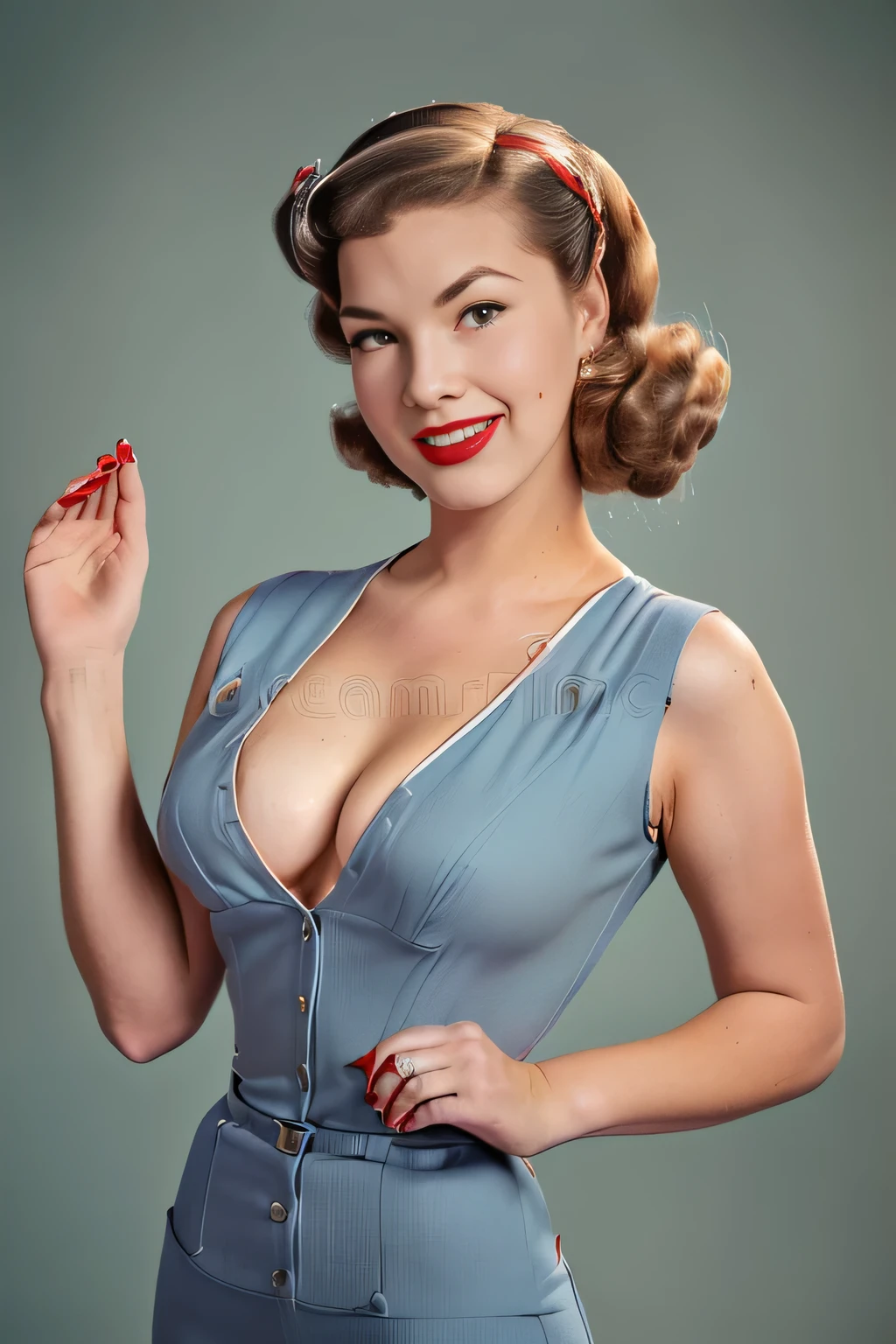 Ultra high resolution,(((Full length))), ((full body))
(((A woman in a repairman's suit with a large neckline)), perfect young face, smiling, red lips,
(((((Girl in 50s style with retro hairstyle))))) large breasts full-length sexuality, and open mouth creates the image of a glamorous girl.
(((hand up to face like military looking out into distance))), (foot is on the ball), ((( strong model posing))), low Angle, photostock style,
the retro-USA vibe, ((The photo is made in photostock style)), good lighting , he model has a pin-up style with her hair styled in victory rolls, associated with Veronica Lake. (((plain studio background)))