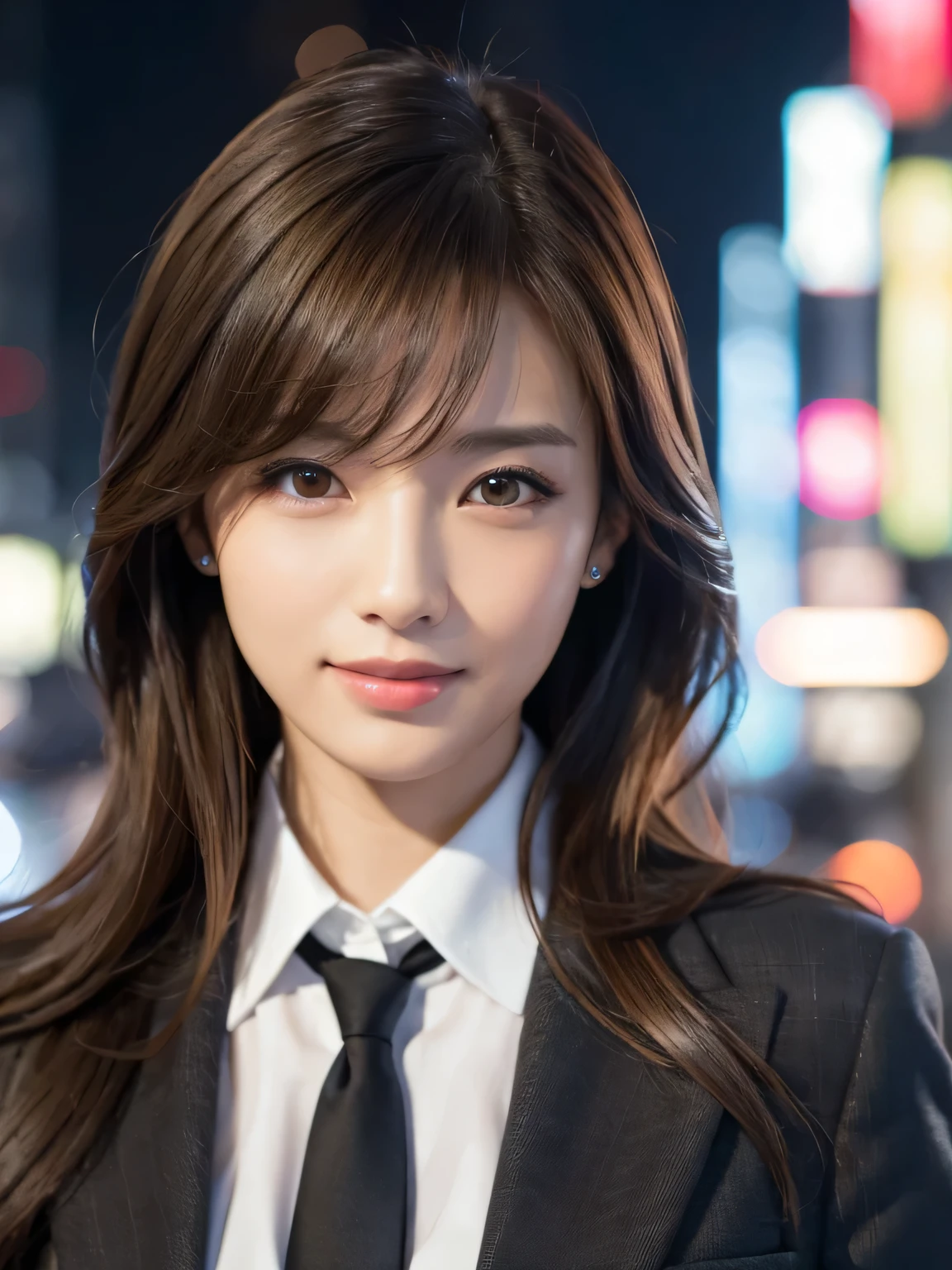 table top、highest quality、genuine、Super detailed、finely、High resolution、8k wallpaper、one beautiful woman、、、light brown disheveled hair、wearing a business suit、sharp focus、perfect dynamic composition、beautiful and detailed eyes、thin hair、Detailed genuine skin texture、smile、close-up portrait、model body shape、In Tokyo at night、