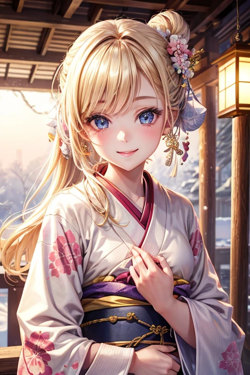 Very detailed CG Unity 8K wallpaper, Cute One Girl, Mature blonde girl, half updo,beautiful Girl, hot maiden, pale skin (Super masterpiece, Beautiful person, well detailed face polluted smile, flat chest is hidden by kimono、Photorealistic, hyper realisitic), Colorful winter kimono in gold and white colors 、has white fur、 Japanese Style Hair Accessories, (Light Lighting)、smile,Upper body 、Japanese background with pink flowers and snow