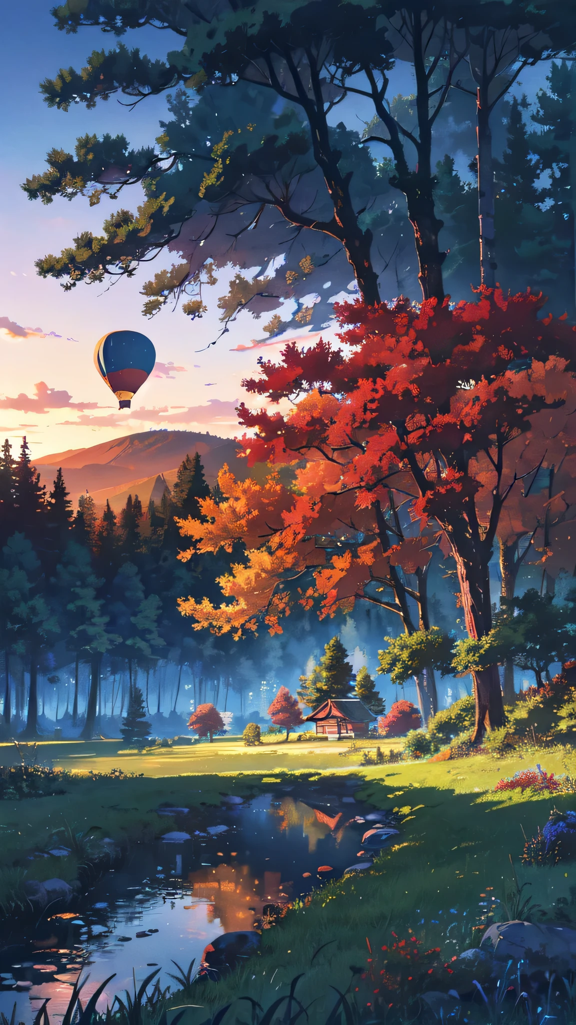 Anime scenery, Indian nature 
BREAK (masterpiece, best quality:1.2), outdoors, nature, forest, pines, grass, tall grass, detailed grass, plants, evening, clouds, dark blue sky, red maple trees, hot air balloon, wood house from distance
