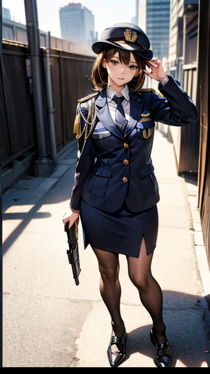 highest quality、masterpiece、8K、realistic、ultra high resolution、very delicate and beautiful、HDR、cinematic lighting、medium range shooting、portrait、perfect female body、Beautiful woman、mature woman、put your hand on your head、look at the audience、((Standing position:1.6))、medium breasts、cityscape、((short bob:1.8、brown hair))、((policewoman:1.4、uniform、limited cap、Uniform button、tie、uniform jacket))、Police Vehicles、Baton、handcuffs、wireless、vest、leather shoes、name tag、Uniform patch、Bulletproof vest、police badge、skirt、boots、gun、police badge、epaulettes、uniform skirt