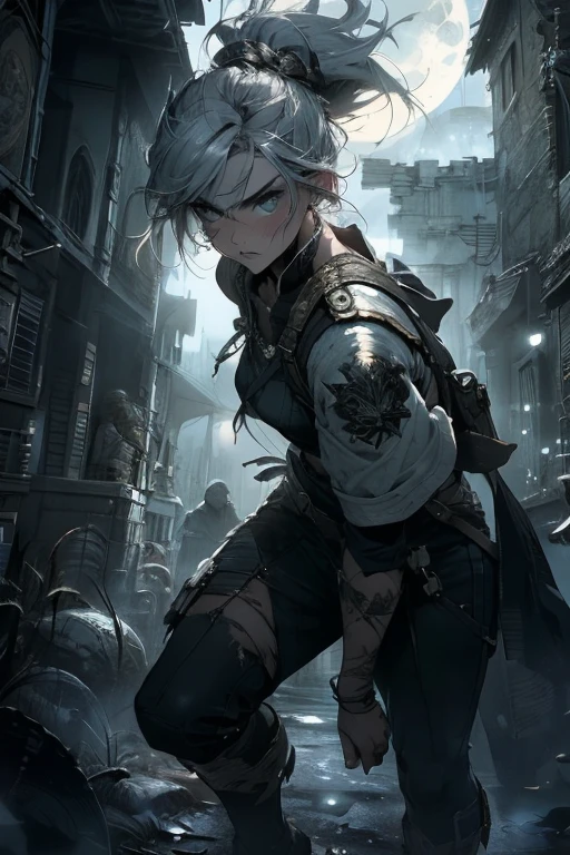 (best quality,4k,8k,highres,masterpiece:1.2),ultra-detailed,(realistic,photorealistic,photo-realistic:1.37),1 girl, ranger, scout, assassin, pink hair, fierce, otherworldly lighting, icy air, battle pose, action, delicate, a young archer assassin prepares to fire an icy arrow at her target, fantasy, mysterious forest, gloomy atmosphere, dense foliage, moonlight, ethereal glow, eerie shadows, haunting silence, mystical creatures, enchanted whispers, ancient ruins, tattered cloak, glowing sigils, magical tattoos, intense concentration, determined, agile movements, poised, bow and arrow at the ready, intense gaze, piercing eyes, ferocious expression, wind-swept hair, silver weapon, frosty breath, adrenaline rush, frozen landscape, shimmering ice crystals, shimmering moonbeam, stealthy footsteps, imminent danger, frozen moment, frozen time, epic battle, dark forces, impending doom, heroine of the night, iconic silhouette, destiny awaits.