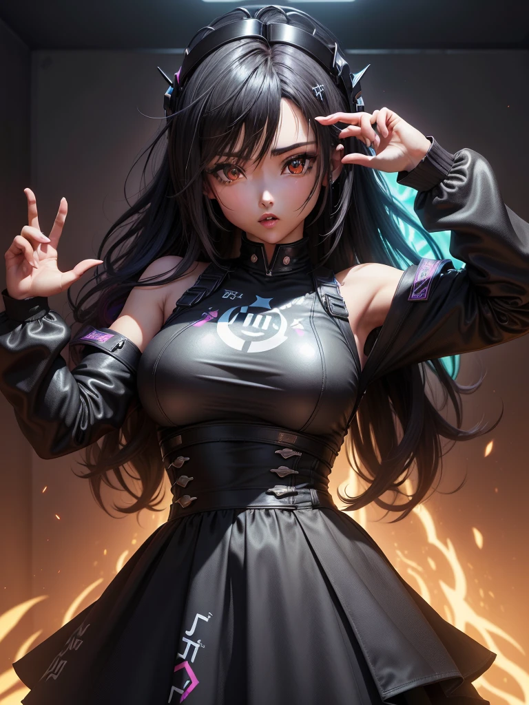 (1 menina em), (sozinho:1.6), (Melhor Impacto:1.5), (Maximalismo:1.7), Vivid contrast, high resolution, ultra-detalhada, Absurdo,(Arte Fractal:1.3)、Dark hair color charcoal black 、medium body shot、retro、foco preciso、randome pose、cinema4d、Drama, olho castanho escuro negro preto,  DJ gamer fone de ouvido led, cabelos cacheados na altura dos ombros, DJ gamer setup, moletom preto design legal, sardas e covinhas nas bochechas, cabelo cacheado varios cachos  estilo DJ gamer, notas musicais ao redor em neon cabelo extremamente preto, olho extremamente preto, anime girl, cabelo afro cacheado