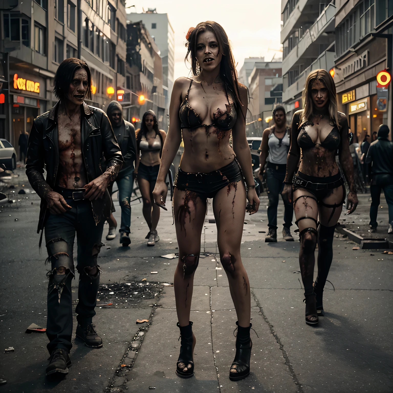 1 sexy female zombie walk on street,((damage city)), broken town, group of zombies at her background