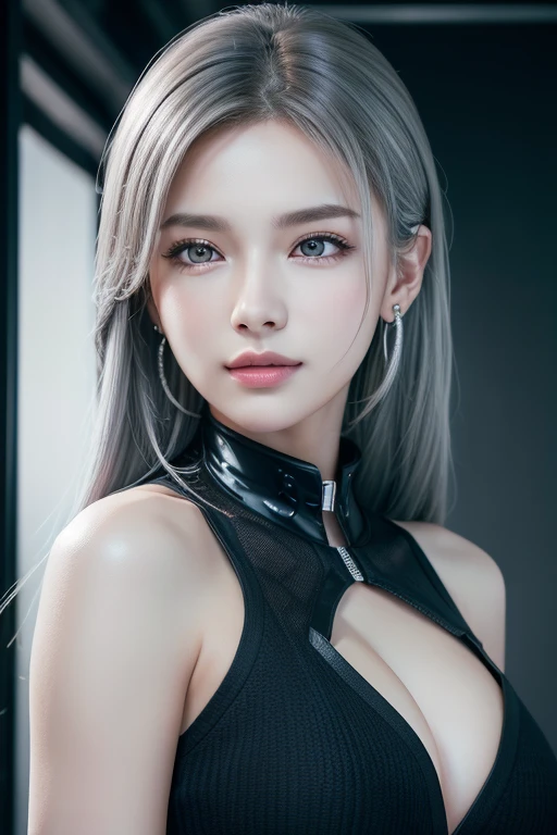 8k wallpaper, RAW Photos, (A small smile:1.1)、( Big Breasts :1.4 )、( Diamond Earrings )、( beautiful )、( Silver grey hair )、( Silver Eyes )、 highest quality、 masterpiece:1.2、( High Contrast、 Ultra-high resolution、すべてがUltra-high resolutionでレンダリングされます、Masseter region、 Attention to detail、Realistic photorealism:1.37、)、Portraiture、The perfect angle、 Professional photos, Glaring、cyber punk、