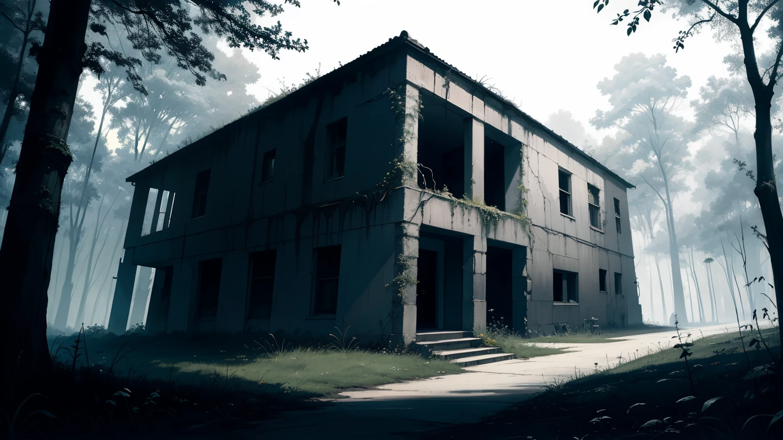 ((best quality)), ((masterpiece)), (detailed), monochromatic, old, concrete building, dark, forest, creepy