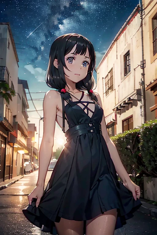 ((masterpiece,High resolution,Highest quality,8k)) Takina Inoue, BREAK, female, dark hair, blue eyes, BREAK, Small breasts, slender, bare collarbone BREAK: (little black dress), (bare arms), (bare shoulders), BREAK: posing haughtily, condescending look