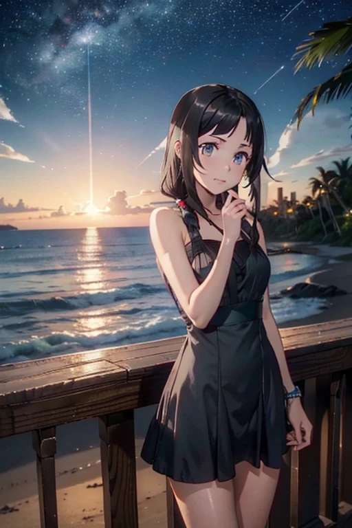 tifa Lockhart, estilo mksks, (fundo muito detalhado:1.0), (fundo altamente detalhado:1.0), Final Fantasy VII Remake, (olhos vermelhos), 1 garota, Ombros nus, vestido aqua, Cabelo preto, vestido verde, sem mangas dress , summer dress, casa, Cabelo longo, noite, noite sky, boca aberta, ao ar livre, rabo de cavalo, sentado, sky, sem mangas, sem mangas dress, estrela (sky), estrelary sky, cidade, envelheceu, seios pequenos, ((babados brancos)), (vestido branco),