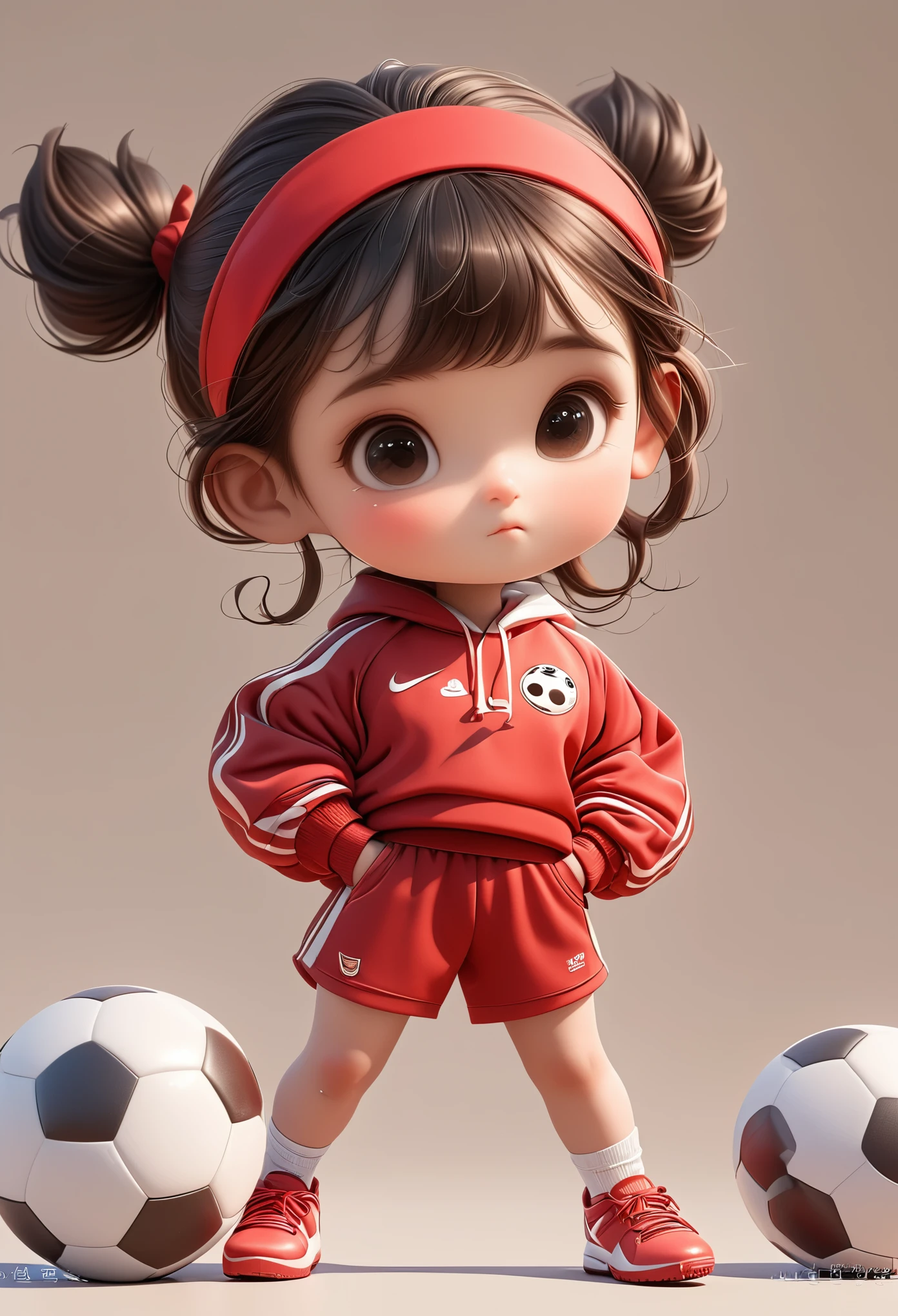 3D，1. Little Girl，Headband，Unique，1. Football，Red sportswear suit，Cartoon Style，court，