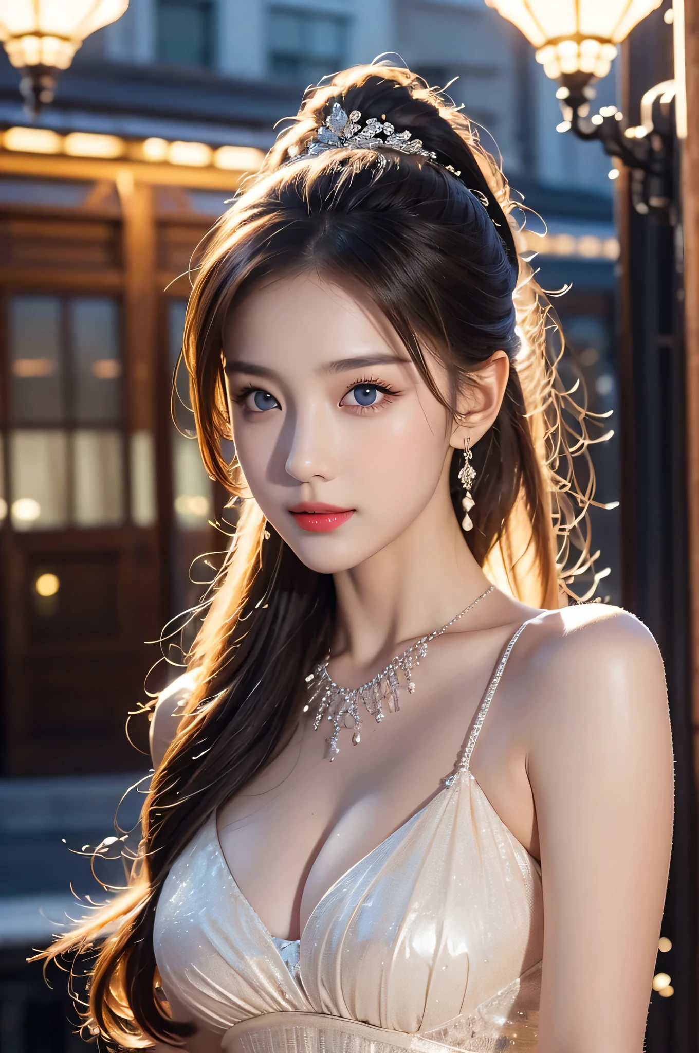 High-quality work,Realistic works,Super premium graphics,8K HD CG works,high quality graphics,High-definition and exquisite CG works,10x pixels,Ultra-fine details:1.1,Advanced technical details:1.1Realistic photo effects,Interior lighting effects:1.5,natural soft light:1.5. Light effect(Virtual light effects:1.8),Ultra-high resolution,shining dress,sliver long hair,silber hair,transparenthair,high detailed hair(Quality hair details:1.1)Clear eyes,Double eyelids look good,Sharp eye makeup, Create exquisite eyelash makeup, tthin eyebrows, Ultra-detailed eyes,a tall nose, lovely red lips, rosey cheeks, With delicate makeup on her face , pretty face, The face shape is perfectly proportioned,(Advanced facial details:1.1)Urban beautiful girl college student, masterpiece, light makeup, red lips, silver hair, messy long hair, street background, beautiful, elegant. super fine details, master works, authentic texture, cinematic lighting realism, perfect job, 16K, hd, exquisite features,blue eyes、japanese idol、Beautiful Face、cute smile、brown hair、beautiful hair、ponytail、glamorous、 big breasts、erect nipples、Oily muscle、shiny skin、tanned skin、Black glowing skin、Sexy knitted sweaters, bright big eyes, smooth skin, earrings, necklace, tattoo, ,Women's artwork,Dress full body video,Reality,Amazing Cleavage,My eyes are very bright today