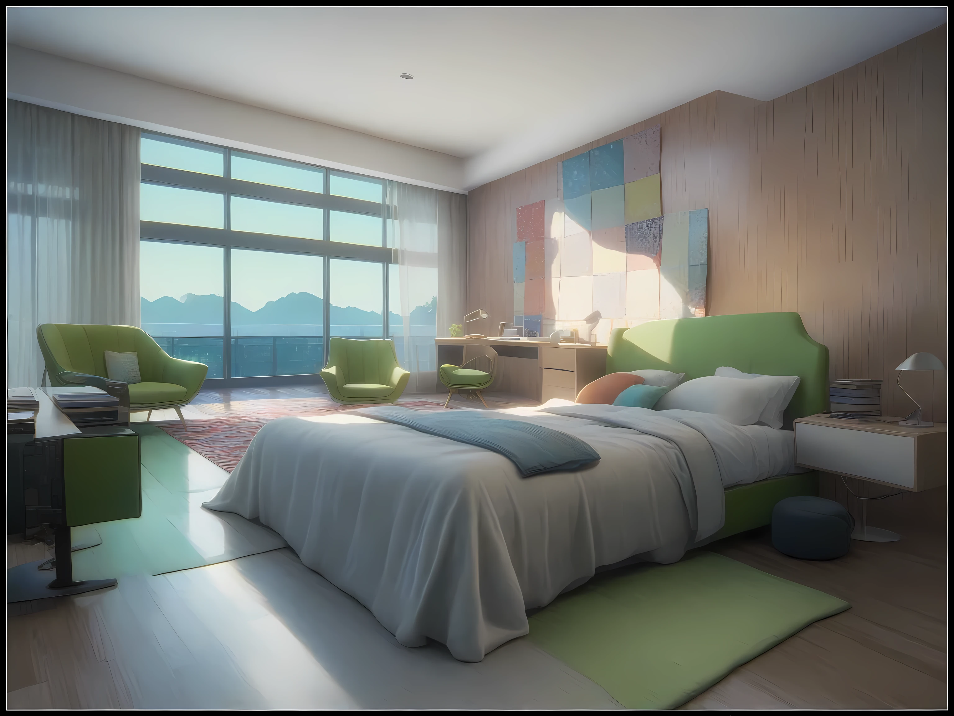 bedroom, floor, Quilt, Green chair, Floor-to-ceiling windows, Bedside Table, desk lamp, interior architecture, scanlines, wide shot, panorama, anime, UHD，Bright colors