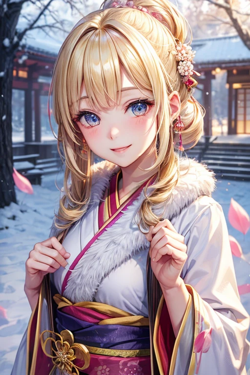 Very detailed CG Unity 8K wallpaper, Cute One Girl, Mature blonde girl, half updo,beautiful Girl, hot maiden, pale skin (Super masterpiece, Beautiful person, well detailed face polluted smile, flat chest is hidden by kimono、Photorealistic, hyper realisitic), Colorful winter kimono in gold and white colors 、has white fur、 Japanese Style Hair Accessories, (Light Lighting)、smile,Upper body 、Japanese background with pink flowers and snow