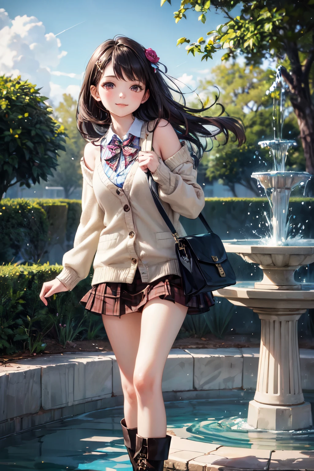 very cute and beautiful girl,teen,(highly detailed beautiful face),(white blouse),(smile),
(beige cardigan:1.2) BREAK (brown shoulder bag),(brown plaid mini skirt:1.2),zettai ryouiki,
stylish pose,hair ornament,black hair,black boots,arbor in rose garden,water fountain,
(best quality,masterpiece),absurdres,highres,ultra-detailed,extremely detailed,32k,8k resolution,
intricate details,cinematic scene,detailed background,solo,dynamic angle,
hair fluttering in the wind,beautiful detailed sky,(realistic),