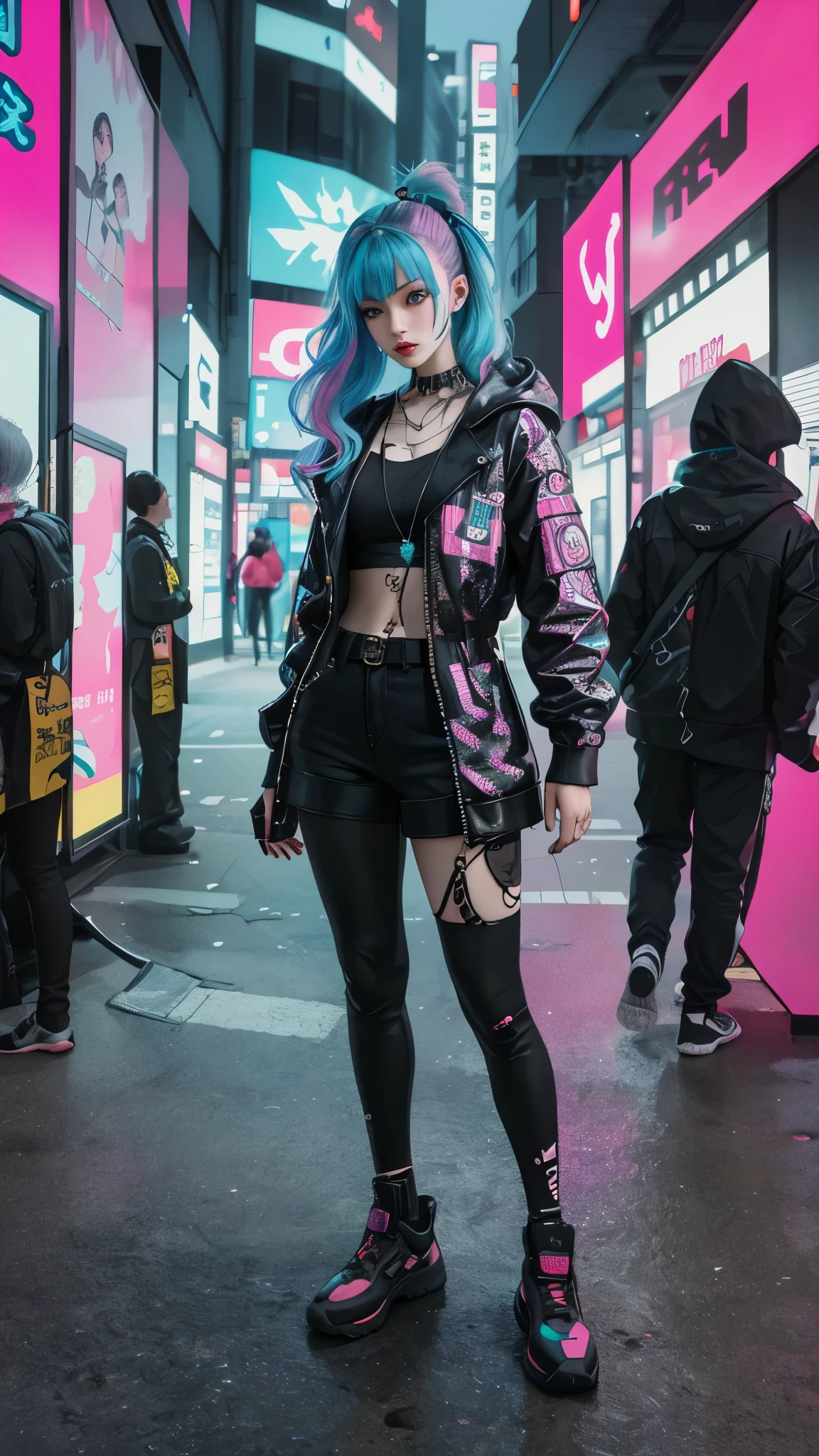 8k，masterpiece, highest quality, Confident Cyberpunk Girl, Full Body Shot, Harajuku-style fashion, Bold colors and patterns, Eye-catching accessories, Stylish and innovative hairstyles, Vibrant makeup, Cyberpunk&#39;s dizzying cityscape, Skyscraper, Neon Light, LED Light, Bright and vivid color scheme, Anime Big Tits, figure, Detailed skin texture, Detailed fabric texture, Beautiful and delicate face, Intricate details, Very detailed.