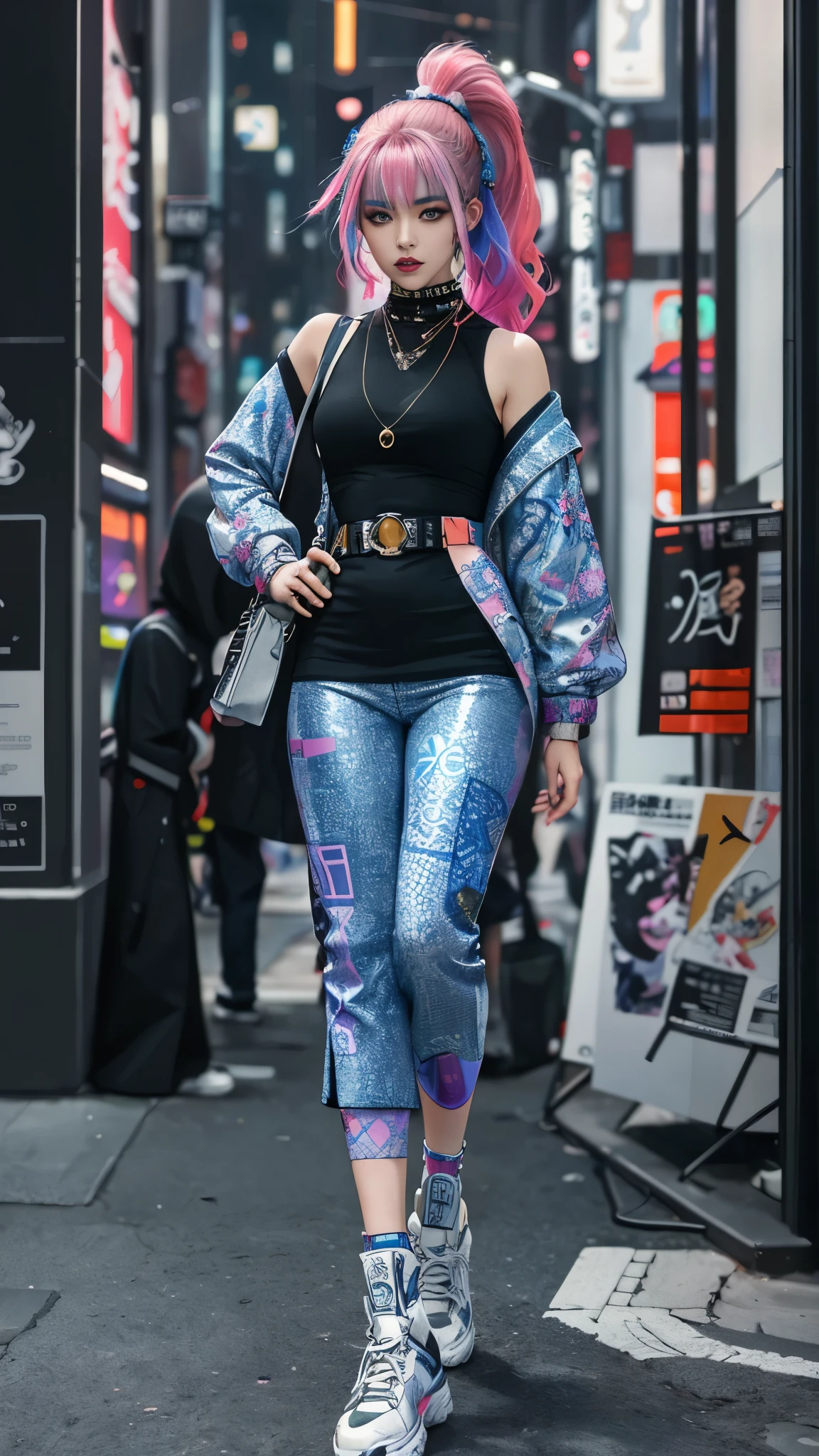 8k,masterpiece, highest quality, Confident Cyberpunk Girl, Full Body Shot, Harajuku-style fashion, Bold colors and patterns, Eye-catching accessories, Stylish and innovative hairstyles, Vibrant makeup, Cyberpunk's dizzying cityscape, Skyscraper, Neon Light, LED Light, Bright and vivid color scheme, Anime Big Tits, figure, Detailed skin texture, Detailed fabric texture, Beautiful and delicate face, Intricate details, Very detailed.