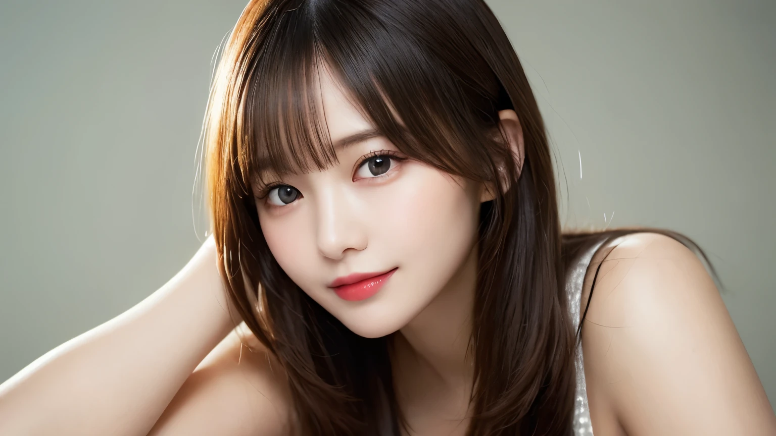 On the table, best quality, shape, Ultra Detailed, Finely, high resolution, 8k wallpaper, 完璧なダイナミックな構shape, Beautiful and delicate eyes, Medium Length Hair, Small Breasts, Natural lipstick, Casual sexy pose,Smile,20 year old girl、midnight、Beautiful and detailed face、Perfect beautiful face,big eyes、original photo、Expressing female posture using the whole body、Beautiful and delicate eyes、Small face、Beautiful duplex、Facelift and style,skirt、Beautiful golden ratio face,Long hair