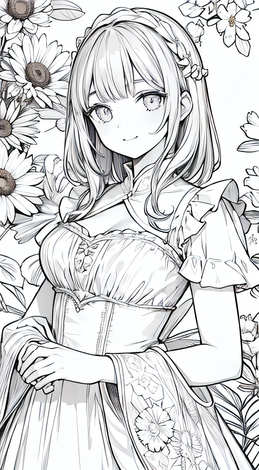 emilia, line art, floral, hiding her hand, hd, high detailed, soft smile, sweet, beautiful, smile, eye contact,