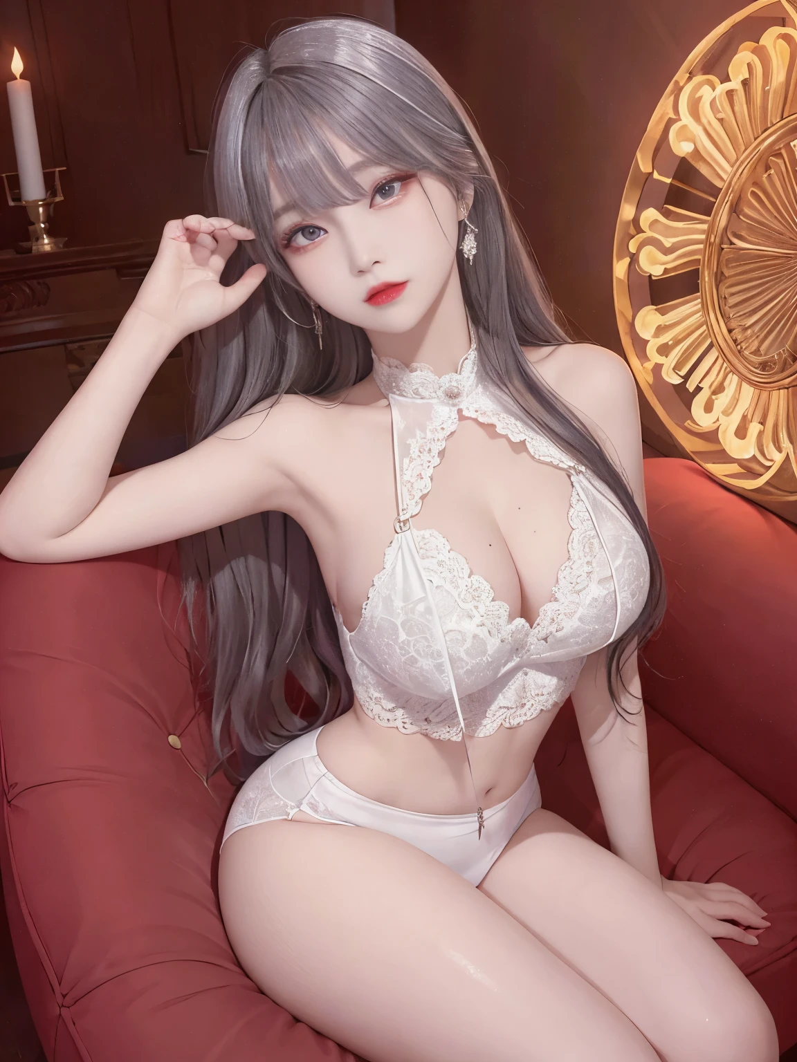 Top image quality、Raw photography、A high resolution、20-year-old cool Korean、big round chest、sexy red lace underwear、Beautiful Eyes of Details、very elongated eyes、Beautiful eyelashes、Beautiful double eyelids、eyeshadows、 long legs,medium thighs, beautiful eyes finely detailed、elongated eyes、long eyeslashes、Beautiful double eyelids、eyeshadows、earrings、shiny white skin、