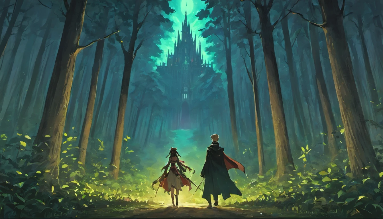 There is a magician in a forest with a full moon in the background, gothic forest, fundo escuro do castelo, Castlevania Inspirado, Dark forest scenery, Fundo sombrio da floresta, fundo da floresta, fundo escuro da floresta pastel, inside an epic gothic forest, Castlevania, gothic forest, Epic Forest, Castelvânia, Dracula's Forest, Gothic forest in the background, fundo medieval da floresta, (Pixel Art)