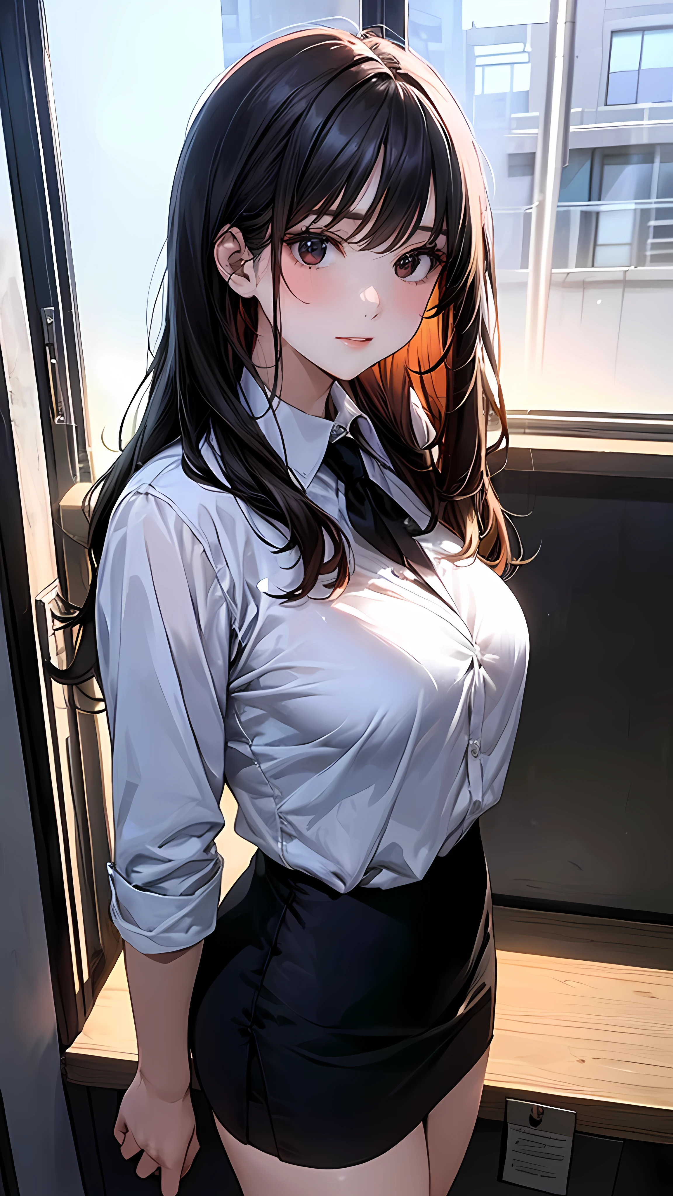 (masterpiece:1.2, Top quality), (Practical, photoPractical:1.4), Nice illustration, (Natural side light, Movie Lighting),
Looking at the audience, 1 girl, Perfect face, Perfect body, White shirt,Black jacket,Black Blazer,Black skirt,Perfect thighs,Sexy body,Show your thighs,Red long hair,Big breasts,Background in the office