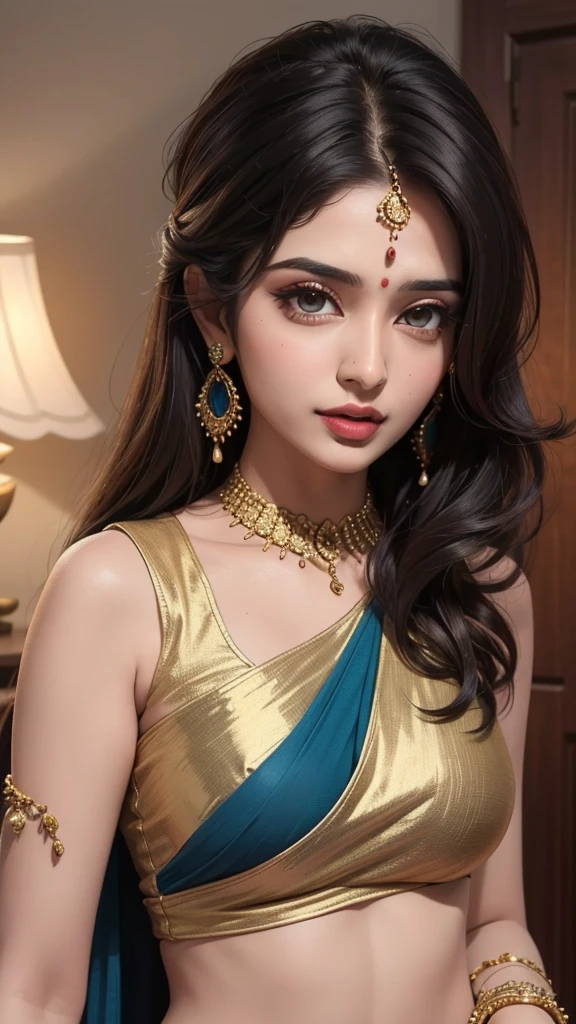 imagine a hot Indian Bollywood actress Diya mirza in saree in color combination and long hair ((best quality)), ((masterpiece)), (detailed), perfect face
