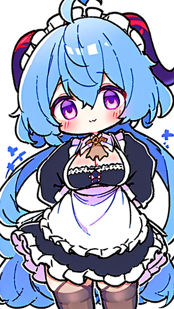 ((8K,masterpiece, best quality)),
1girl, solo, ganyu (genshin impact), breasts, horns, maid, long hair, thighhighs, blue hair, ahoge, looking at viewer, white thighhighs, holding, blush, maid headdress, apron, alternate costume, frills, cleavage, enmaided, bangs, dress, short sleeves, zettai ryouiki, black dress, purple eyes, medium breasts,  goat horns, frilled dress, very long hair, standing, puffy sleeves, closed mouth, maid apron, sidelocks, white apron, cowboy shot, puffy short sleeves, simple background, red eyes, frilled apron, hair between eyes,