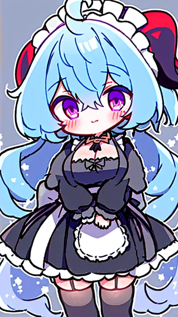 ((8K,masterpiece, best quality)),
1girl, solo, ganyu (genshin impact), breasts, horns, maid, long hair, thighhighs, blue hair, ahoge, looking at viewer, white thighhighs, holding, blush, maid headdress, apron, alternate costume, frills, cleavage, enmaided, bangs, dress, short sleeves, zettai ryouiki, black dress, purple eyes, medium breasts, goat horns, frilled dress, very long hair, standing, puffy sleeves, closed mouth, maid apron, sidelocks, white apron, cowboy shot, puffy short sleeves, simple background, red eyes, frilled apron, hair between eyes,