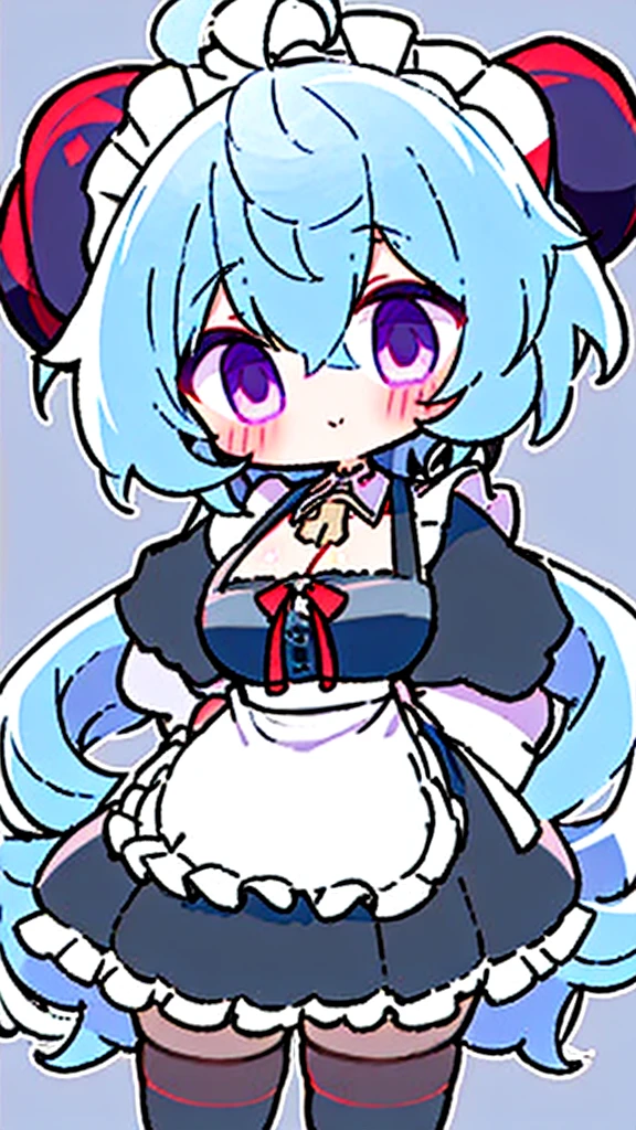 ((8K,masterpiece, best quality)),
1girl, solo, ganyu (genshin impact), breasts, horns, maid, long hair, thighhighs, blue hair, ahoge, looking at viewer, white thighhighs, holding, blush, maid headdress, apron, alternate costume, frills, cleavage, enmaided, bangs, dress, short sleeves, zettai ryouiki, black dress, purple eyes, medium breasts, goat horns, frilled dress, very long hair, standing, puffy sleeves, closed mouth, maid apron, sidelocks, white apron, cowboy shot, puffy short sleeves, simple background, red eyes, frilled apron, hair between eyes,