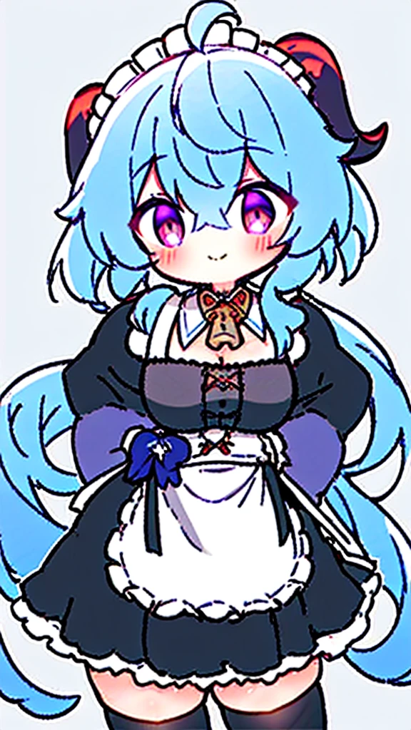 ((8K,masterpiece, best quality)),
1girl, solo, ganyu (genshin impact), breasts, horns, maid, long hair, thighhighs, blue hair, ahoge, looking at viewer, white thighhighs, holding, blush, maid headdress, apron, alternate costume, frills, cleavage, enmaided, bangs, dress, short sleeves, zettai ryouiki, black dress, purple eyes, medium breasts,  goat horns, frilled dress, very long hair, standing, puffy sleeves, closed mouth, maid apron, sidelocks, white apron, cowboy shot, puffy short sleeves, simple background, red eyes, frilled apron, hair between eyes,