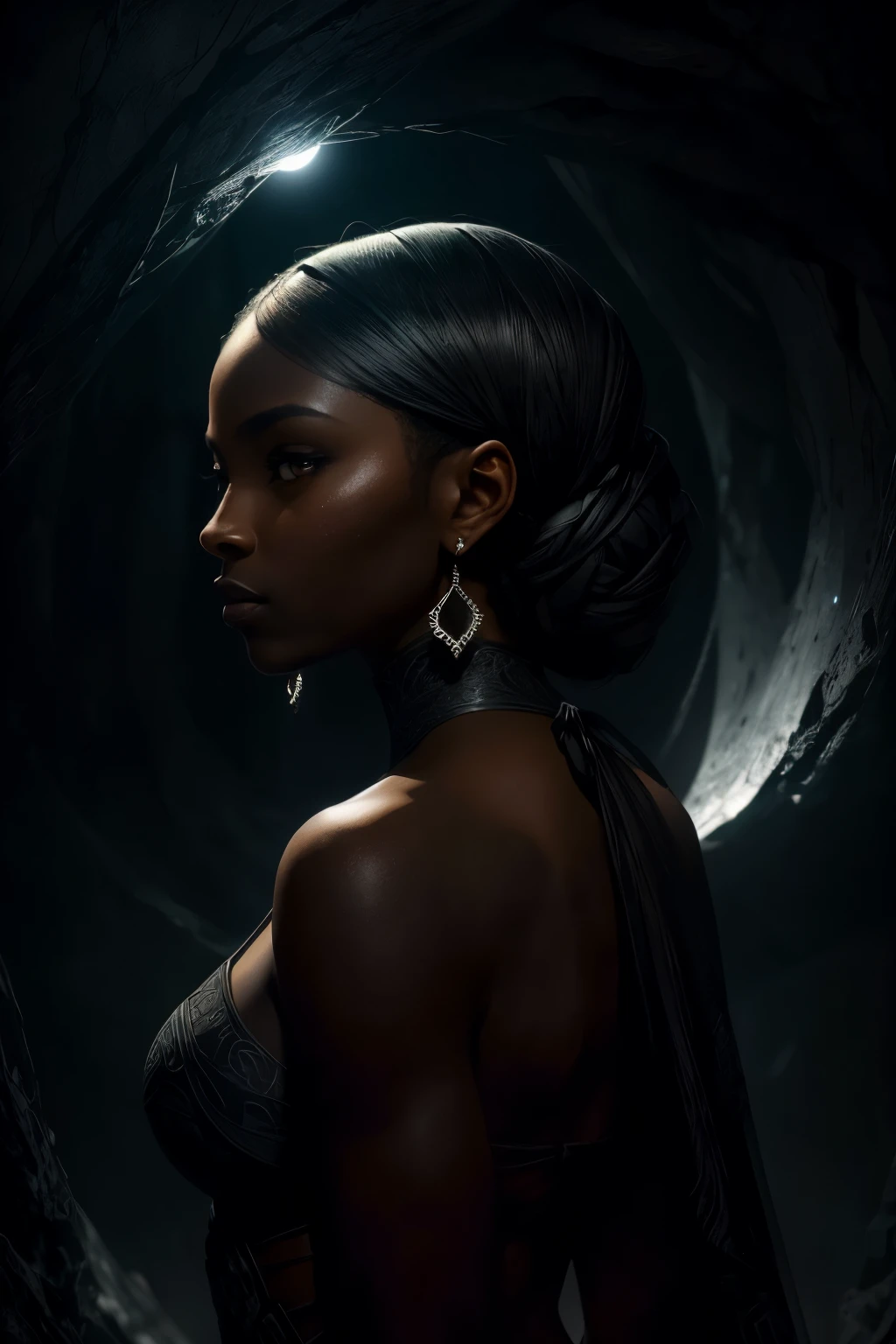 A captivating 32k portrait of a strong and elegant black woman against a darkened, evocative backdrop. The image, enveloped in a mysterious, otherworldly atmosphere, showcases a full body shot. Her features are illuminated by a subtle, glowing halo that accentuates her regal presence, while a shadow adds depth and intrigue to the foreground. The back key light, cast from a 50mm lens, creates an enticing contrast that highlights her glassy, dichromatic eyes and the smooth texture of her skin. The high-resolution detail reveals intricate contours and intriguing patterns, making it a truly mesmerizing score_9 master