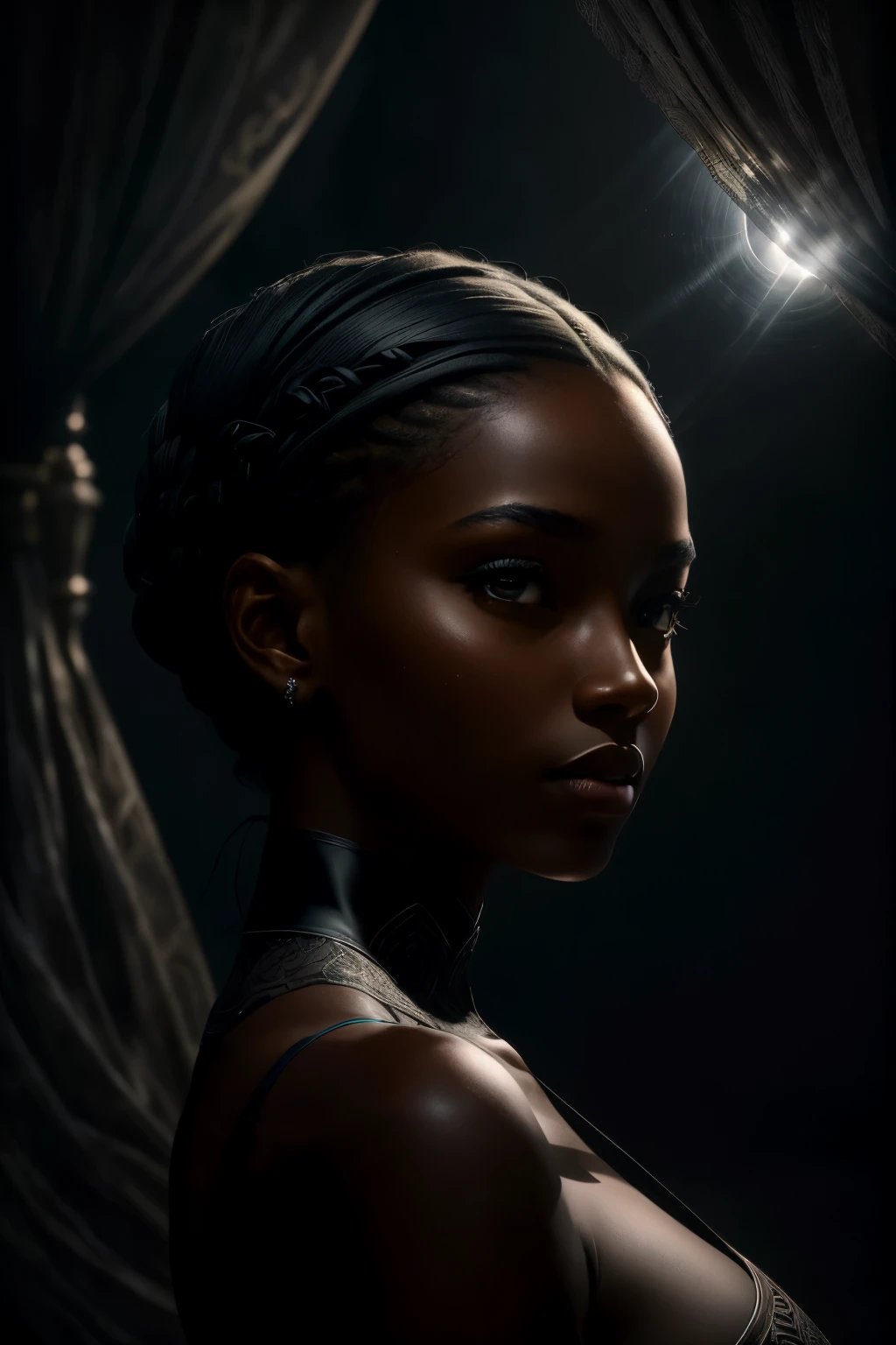 A captivating 32k portrait of a strong and elegant black woman against a darkened, evocative backdrop. The image, enveloped in a mysterious, otherworldly atmosphere, showcases a full body shot. Her features are illuminated by a subtle, glowing halo that accentuates her regal presence, while a shadow adds depth and intrigue to the foreground. The back key light, cast from a 50mm lens, creates an enticing contrast that highlights her glassy, dichromatic eyes and the smooth texture of her skin. The high-resolution detail reveals intricate contours and intriguing patterns, making it a truly mesmerizing score_9 master