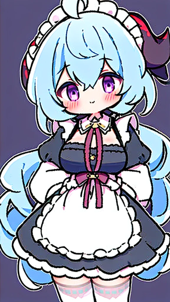 ((8K,masterpiece, best quality)),
1girl, solo, ganyu (genshin impact), breasts, horns, maid, long hair, thighhighs, blue hair, ahoge, looking at viewer, white thighhighs, holding, blush, maid headdress, apron, alternate costume, frills, cleavage, enmaided, bangs, dress, short sleeves, zettai ryouiki, black dress, purple eyes, medium breasts, goat horns, frilled dress, very long hair, standing, puffy sleeves, closed mouth, maid apron, sidelocks, white apron, cowboy shot, puffy short sleeves, simple background, red eyes, frilled apron, hair between eyes,