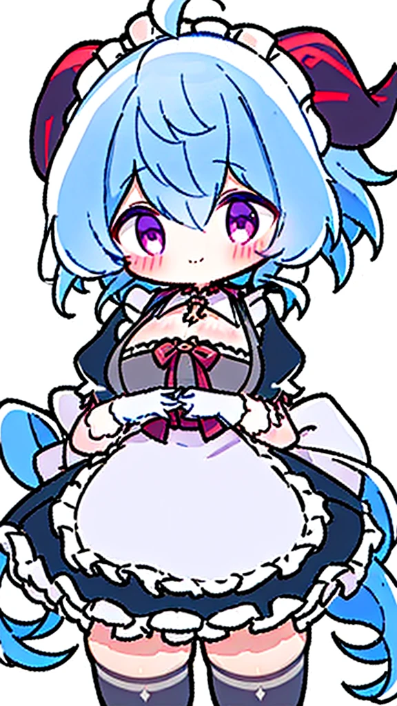 ((8K,masterpiece, best quality)),
1girl, solo, ganyu (genshin impact), breasts, horns, maid, long hair, thighhighs, blue hair, ahoge, looking at viewer, white thighhighs, holding, blush, maid headdress, apron, alternate costume, frills, cleavage, enmaided, bangs, dress, short sleeves, zettai ryouiki, black dress, purple eyes, medium breasts, goat horns, frilled dress, very long hair, standing, puffy sleeves, closed mouth, maid apron, sidelocks, white apron, cowboy shot, puffy short sleeves, simple background, red eyes, frilled apron, hair between eyes,