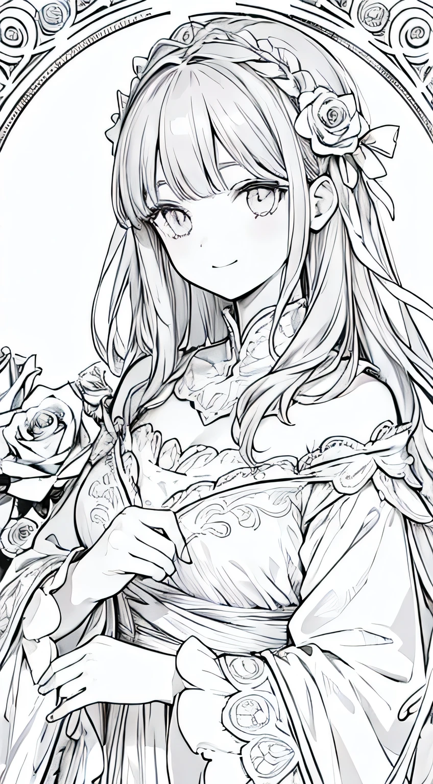 emilia, line art, rose floral, hiding her hand, hd, high detailed, soft smile, sweet, beautiful, smile, eye contact,