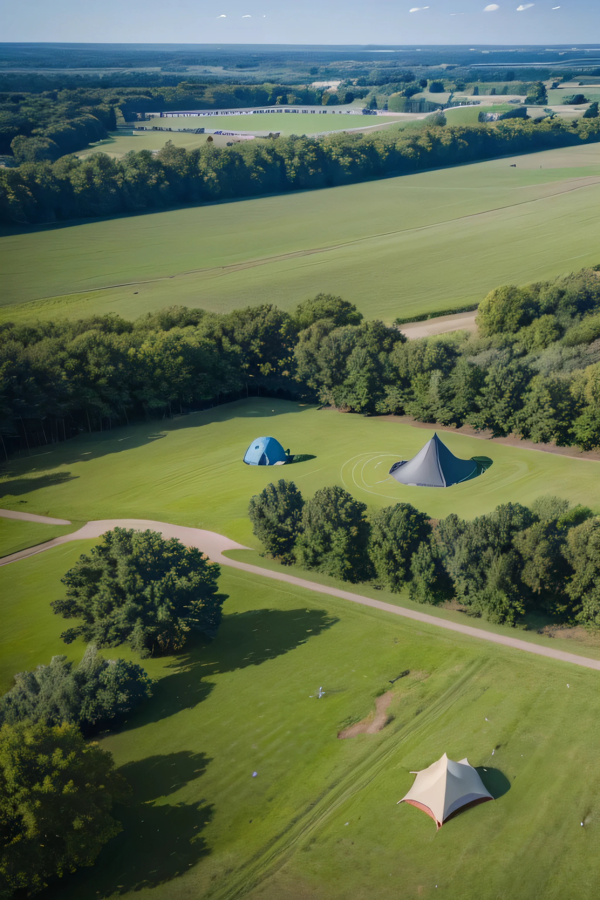 there are two tents and a table in the grass, camping, Glamping, barrel fires and tents, tent architecture, Yuruying, tents, Watch from above, Look from above, [ Top view ]!!, Camping, [ Top view ]!, Surrealism, Viewed from directly above, Top-down shooting, tent, byEtienne Delessert,
