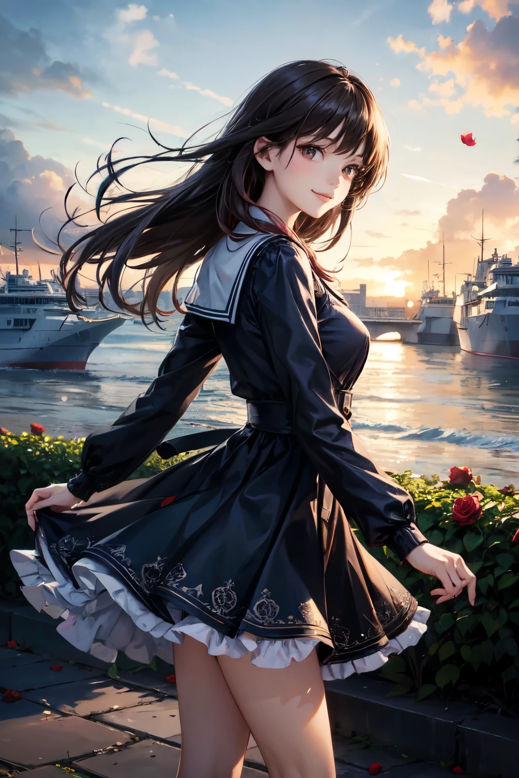 very cute and beautiful girl,(highly detailed beautiful face),(smile),cowboy shot,
navy blue frilled dress,standing,stylish pose,(detailed legs,mini skirt:0.9),
black hair,(rose garden),navy harbor,warships in distance,
(best quality,masterpiece),absurdres,highres,ultra-detailed,extremely detailed,32k,8k resolution,
intricate details,cinematic scene,detailed background,solo,dynamic angle,
natural lighting,hair fluttering in the wind,beautiful detailed sky,
(realistic),