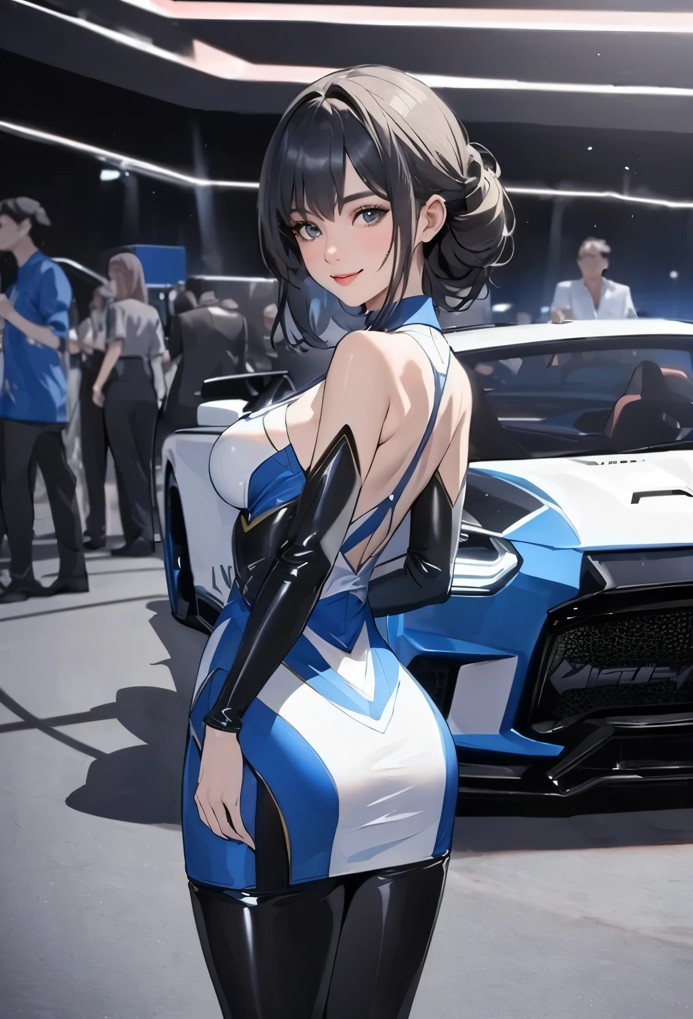 1lady solo, (looking back) (from behind:1.2), /(grid girl/) /(blue costume with logo/), tight skirt, mature female, /(dark gray hair/) bangs, kind smile, (masterpiece best quality high resolution 8k), delicate illustration, edge color lighting, pretty face, thigh boots BREAK (standing next to the latest model car) BREAK (motor show indoors), audience, detailed background