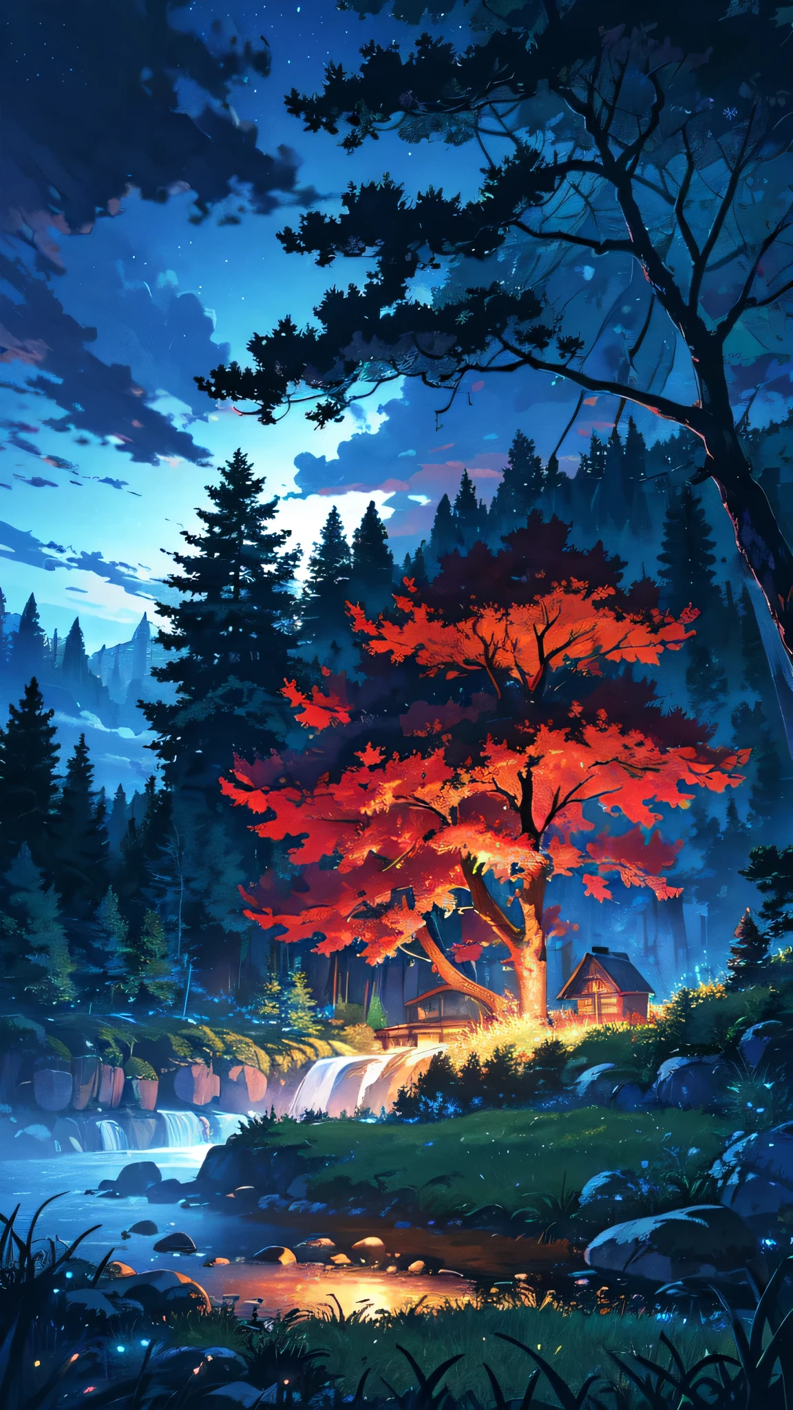 Anime night scenery
BREAK (masterpiece, best quality:1.2), outdoors, nature, glowing forest, pines, grass, tall grass, detailed grass, plants, night, clouds, dark blue sky, red maple trees, hot air balloon, wood house from distance, full moon, waterfalls, autumn
