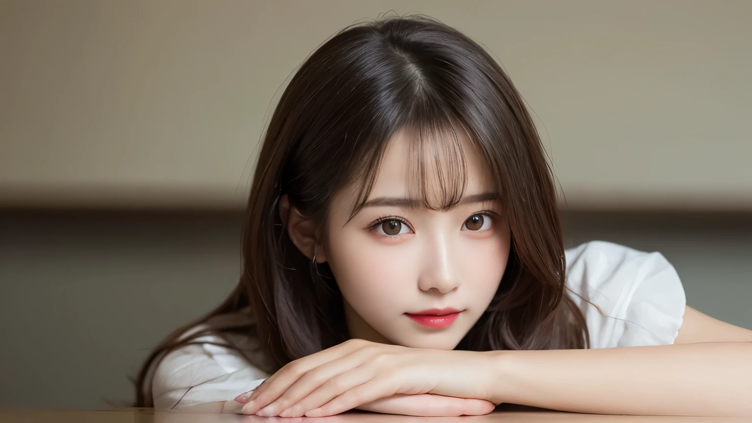 On the table, best quality, shape, Ultra Detailed, Finely, high resolution, 8k wallpaper, 完璧なダイナミックな構shape, Beautiful and delicate eyes, Medium Length Hair, Small Breasts, Natural lipstick, Casual sexy pose,Smile,20 year old girl、midnight、Beautiful and detailed face、Perfect beautiful face,big eyes、original photo、Expressing female posture using the whole body、Beautiful and delicate eyes、Small face、Beautiful duplex、Facelift and style,skirt、Beautiful golden ratio face,Long hair