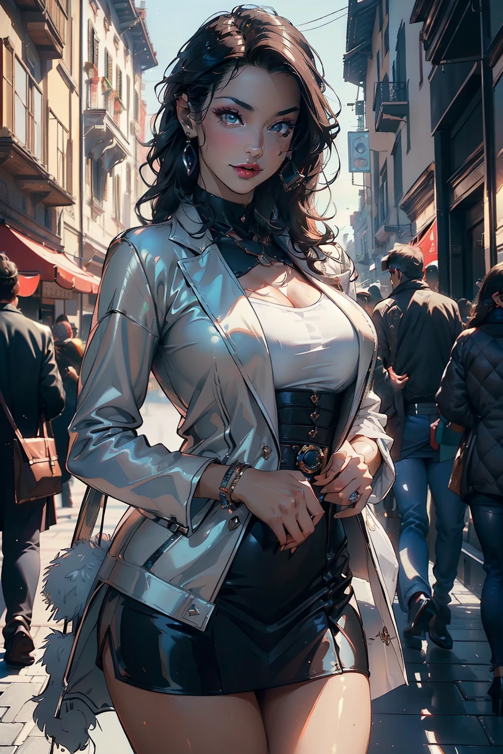 (NSFW, (((Masterpiece, Best Quality, photograph realistic))), Shiny skin, (nfdsw, 8K Wallpaper, High resolution), Italian woman, 31 years old, smiling on camera, (Captivating, radiant, charismatic), Grey Mini Skirt, White Fur Jacket, (Confident, alluring, seductive), Cinematic lighting, Physically-based rendering, Award-winning, high-detailed facial features, Expressive eyes, (Instagram influencer model), Classy background, Depth of field, Subtle makeup, (Bold, chic, elegant), Italian Flag Accessory, Sparkling Engagement Ring, (Engaging,