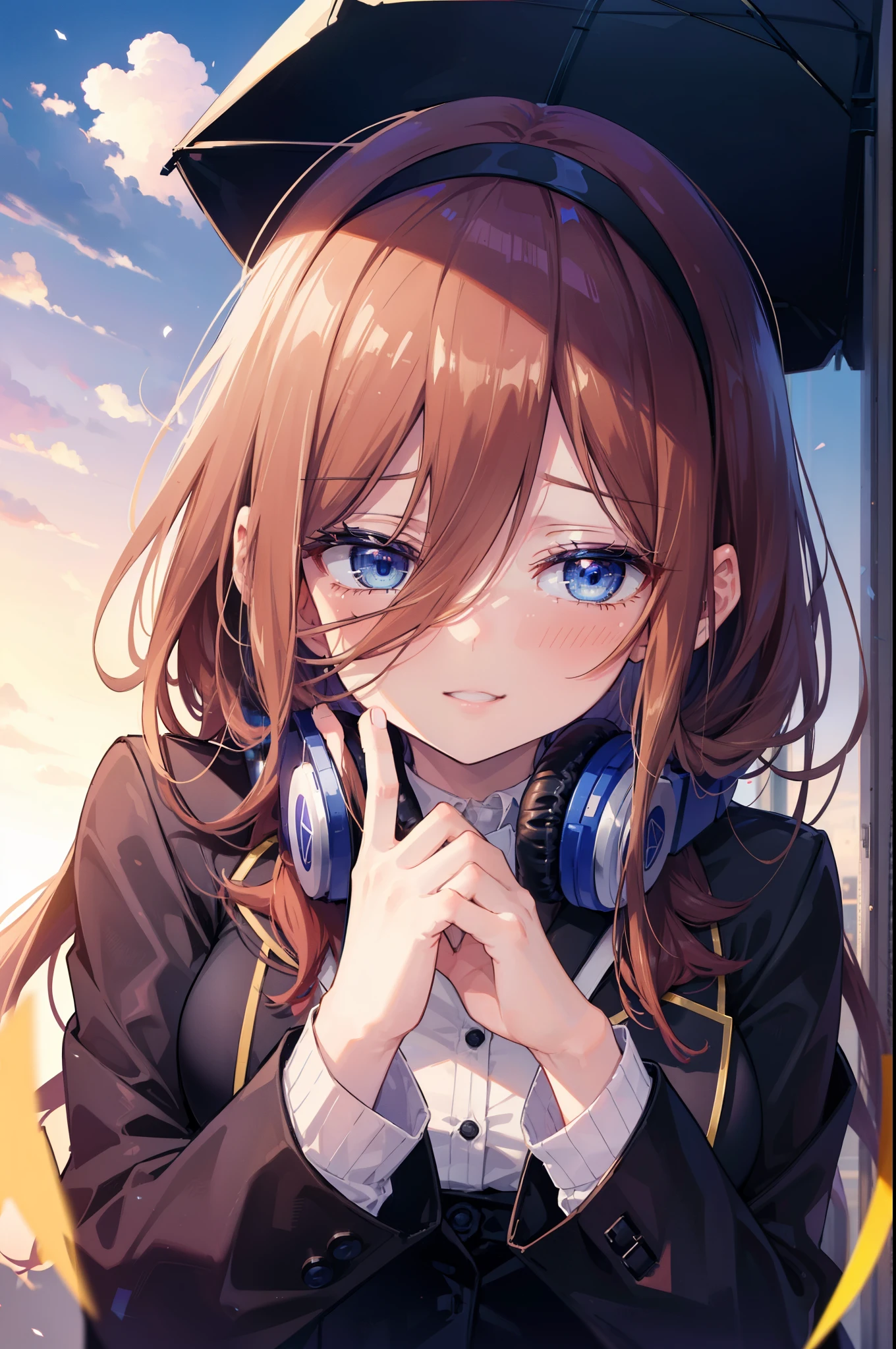 Miku Nakano, Miku Nakano, Long Hair, bangs, blue eyes, Brown Hair,,Blue Hairband ,Hair between the eyes, happy smile, smile, Open your mouth,Headphones around the neck,OL, Akagi glasses, Black suit jacket, Collared jacket, White dress shirt, Collared shirt, Neckline, button, Black pencil skirt, Black pantyhose,Stiletto heels,whole bodyがイラストに入るように,sunset,evening,The sun is setting,
break outdoors, city,Building district,
break looking at viewer, whole body, (Cowboy Shot:1. 5)
break (masterpiece:1.2), highest quality, High resolution, unity 8k wallpaper, (shape:0.8), (Beautiful details:1.6), Highly detailed face, Perfect lighting, Extremely detailed CG, (Perfect hands, Perfect Anatomy),
