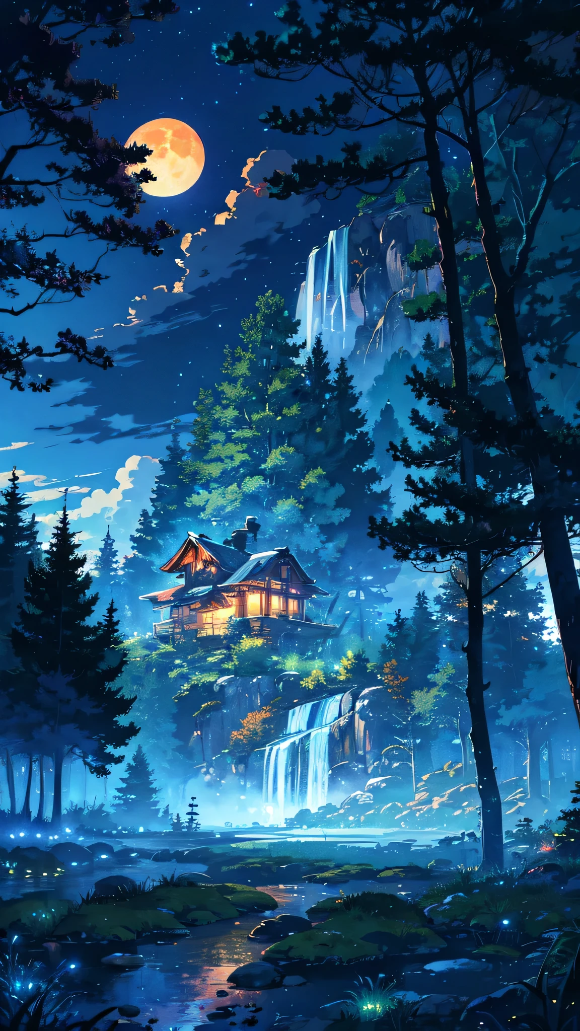 Anime night scenery
BREAK (masterpiece, best quality:1.2), outdoors, nature, glowing forest, pines, grass, tall grass, detailed grass, plants, night, clouds, dark blue sky, red maple trees, hot air balloon, wood house from distance, full moon, waterfalls, autumn